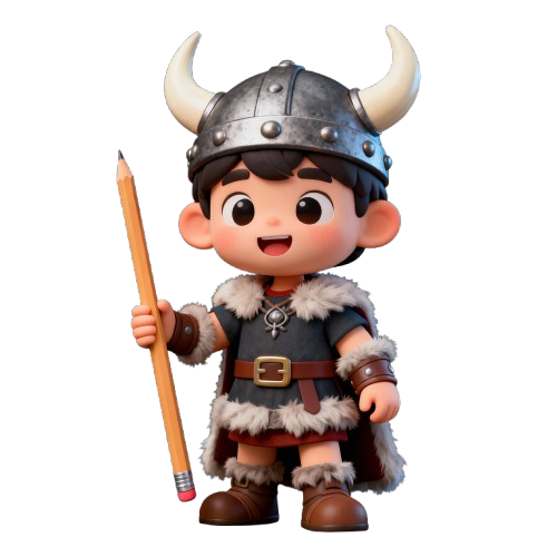 A friendly cartoon viking kid character holding a large pencil, ready to learn math, 3D style, vibrant colors, isolated on a clean background